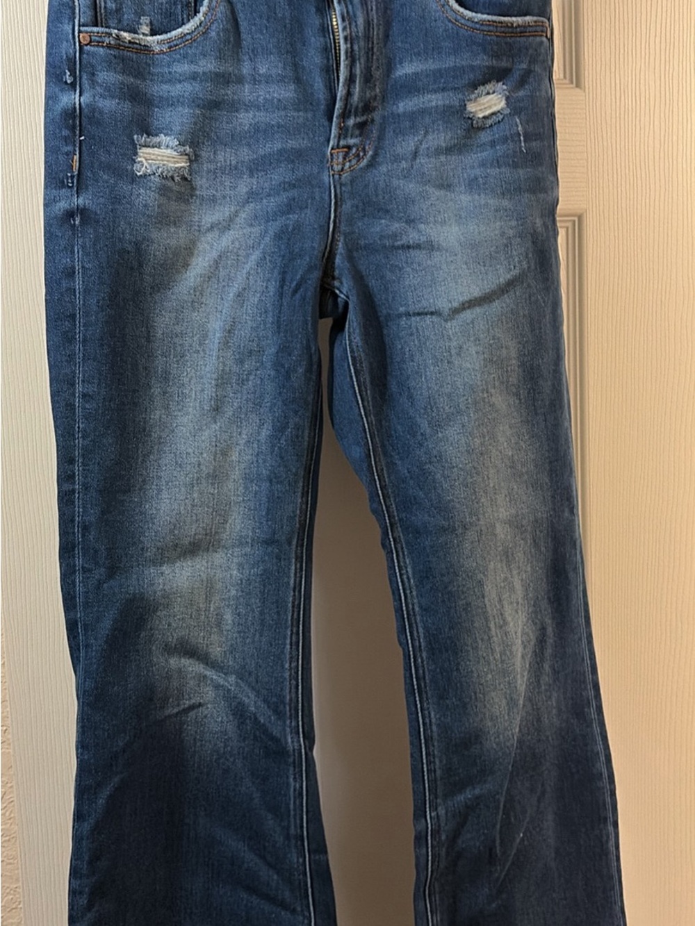 Women’s Blue Boot Cut Jeans with Subtle Distress